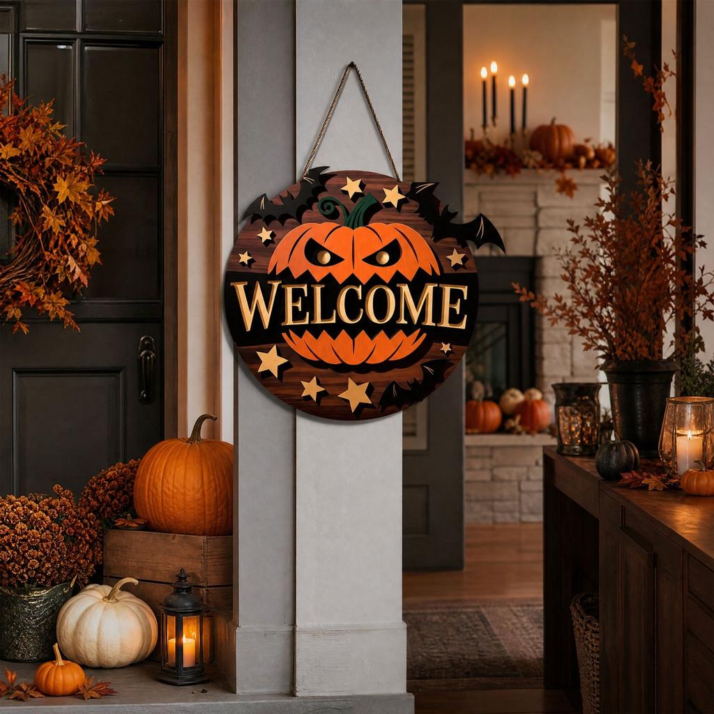 Halloween Wooden Pumpkin Welcome Sign for Front Door, Porch and Outdoor Wall Hanging Decor