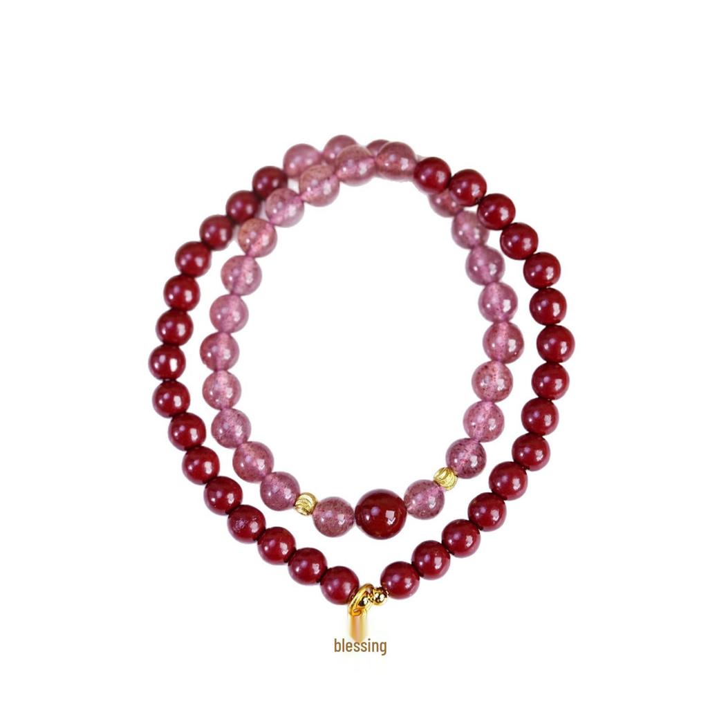 Damen Zinnober Erdbeerkristall Perlenarmband: Buddhistischer Schmuck im Retro-Stil