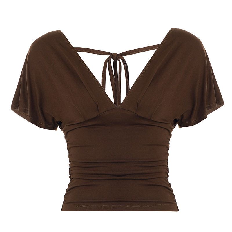 

New Product European and American Hot Girl Style Solid Color Sexy Tie-Back V-Neck Short-Sleeve T-Shirt with Waist-Cinching Slimming Effect Casual Top Brown S