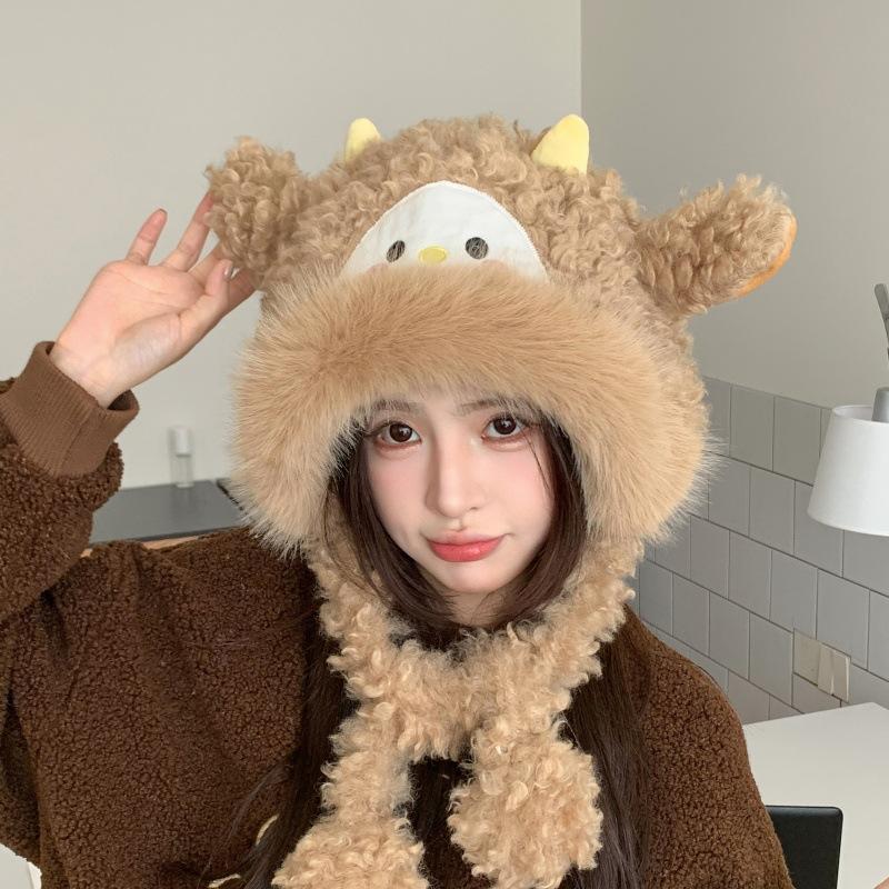 Cute Little Sheep Plush Hat Women'S Autumn And Winter Cold And Warm Thickened Ear Protection Lei Feng Hat Sweet Cycling Antifreeze