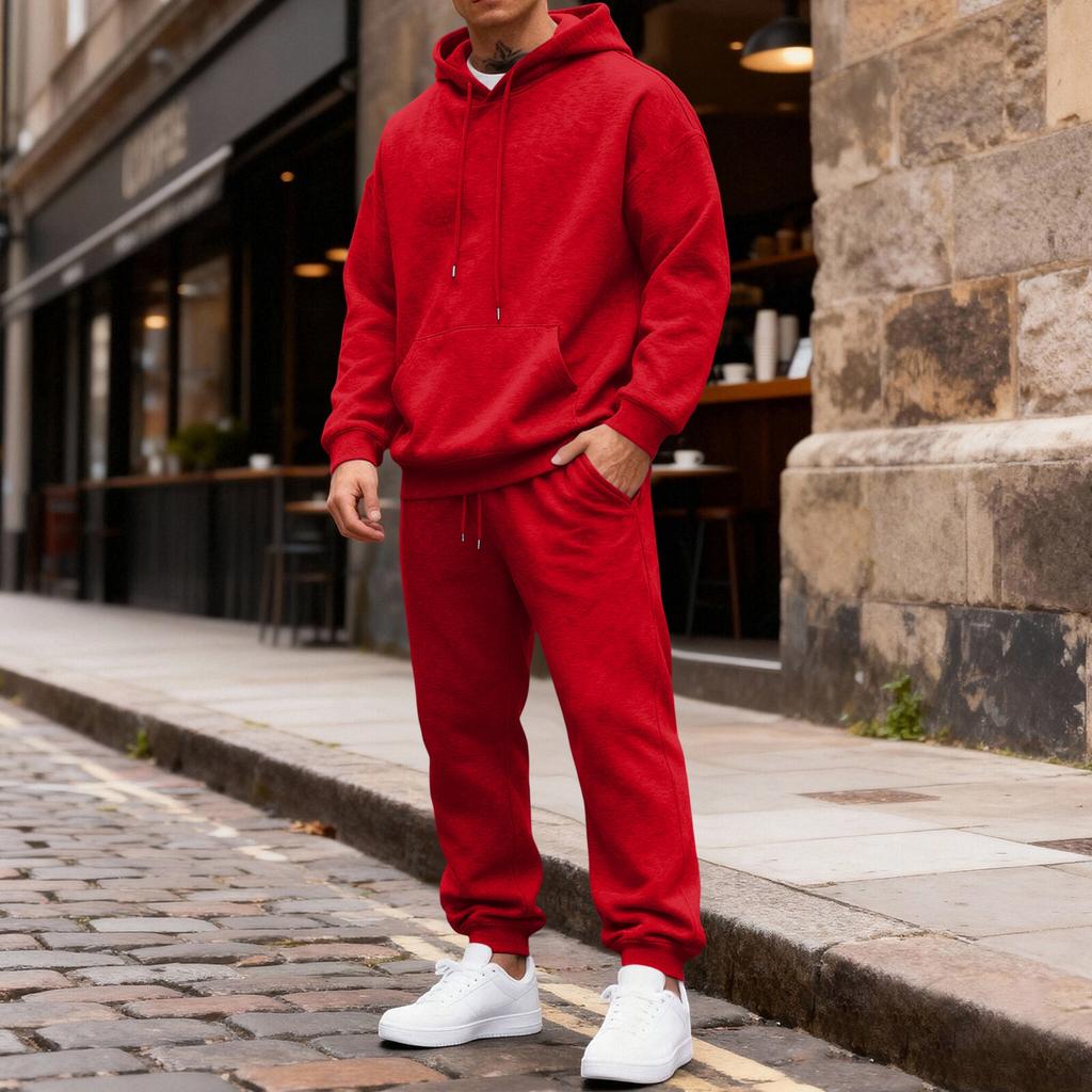 Men's Color Hoodie and Jogger Pants Set with Elastic Waist and Cuffed Ankles for Casual Wear