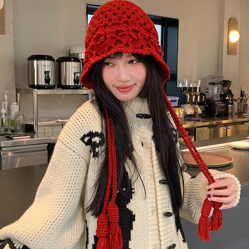 Autumn and Winter Crochet Hat Women's Double-layer Knitted Hat Fringed Pullover Hat Travel Versatile Wool Hat