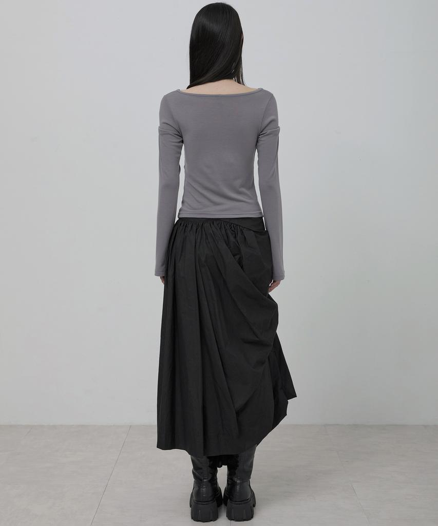 Peulleeoeob Asymmetrical Draped Layered Long Skirt (Fl-256_Black)