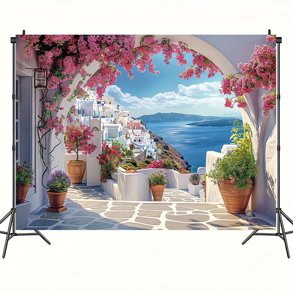 Striscione per festa in stile romantico con viste floreali dell'isola greca di Santorini
