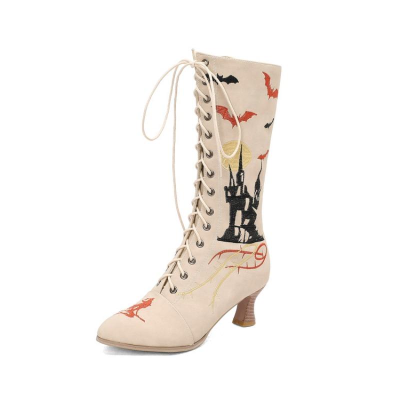Fashion 2025 New Halloween Cosplay Boots Women Embroidery Witch Shoes Lace-up Kitten Heels Vintage Victorian Boots Party Woman
