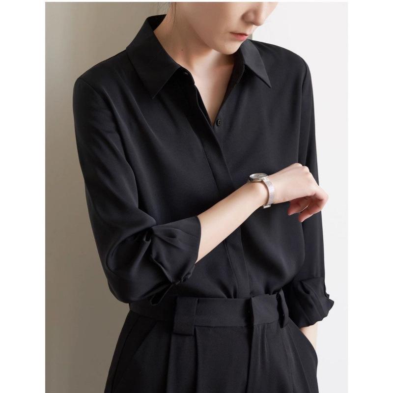 Camicia Nera da Donna Resistente alle Pieghe a Manica Lunga - Top Professionale per Pendolari Primavera/Autunno