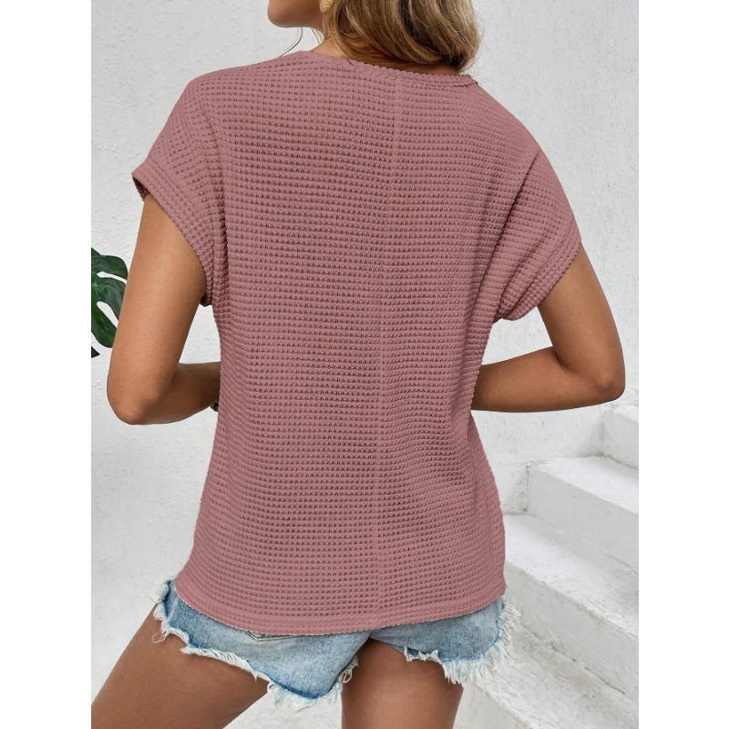 VEZFAA Women's Fashion Casual Summer Spring Solid Color Print Short Sleeve O-Neck Blouses & Shirts