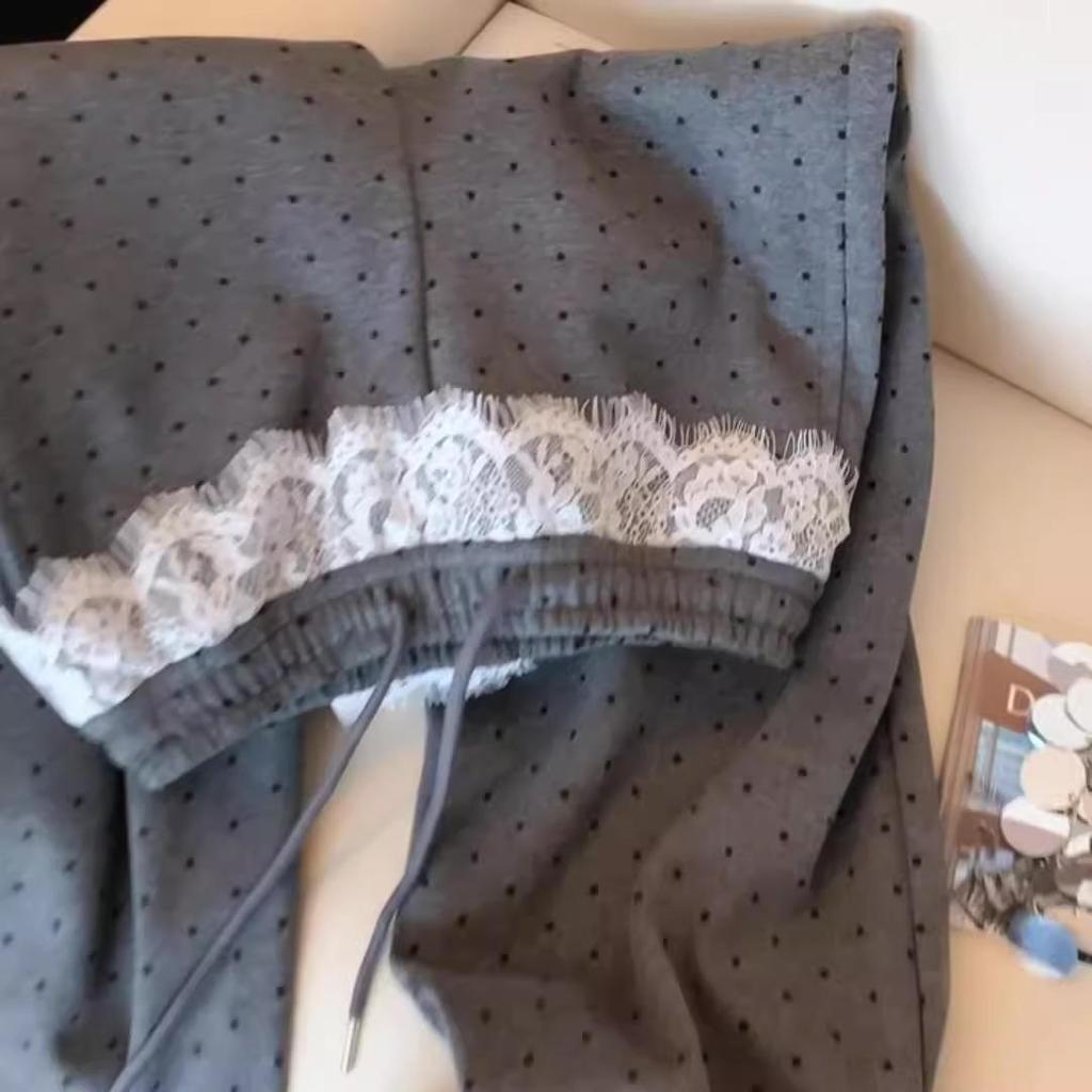 Women's High Waist Polka Dot Wide Leg Pants with Lace Trim - 2025 Spring Collection