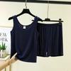 Summer Loose Pajama Set Sleeveless Tank Top & Shorts 2 Piece Set For Women Solid Color Basic Layering Loungewear Homewear Suits