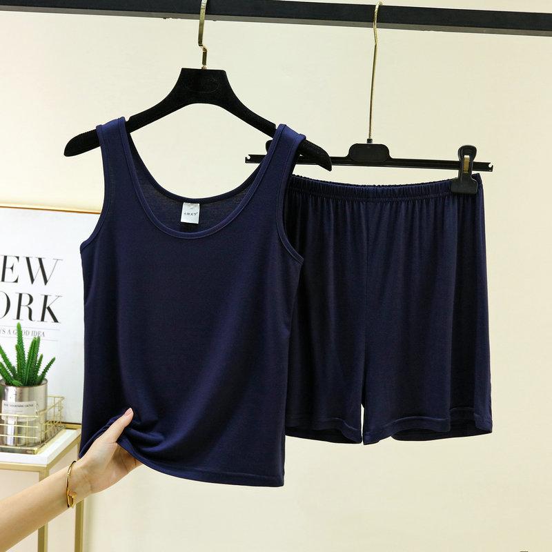 

Summer Loose Pajama Set Sleeveless Tank Top & Shorts 2 Piece Set For Women Solid Color Basic Layering Loungewear homewear suits 2XL темно-синього кольору