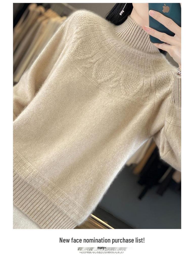 Women's Cashmere Sweater, 100% Wool, Semi-High Neck, Loose Fit, Perfect for Autumn and Winter.