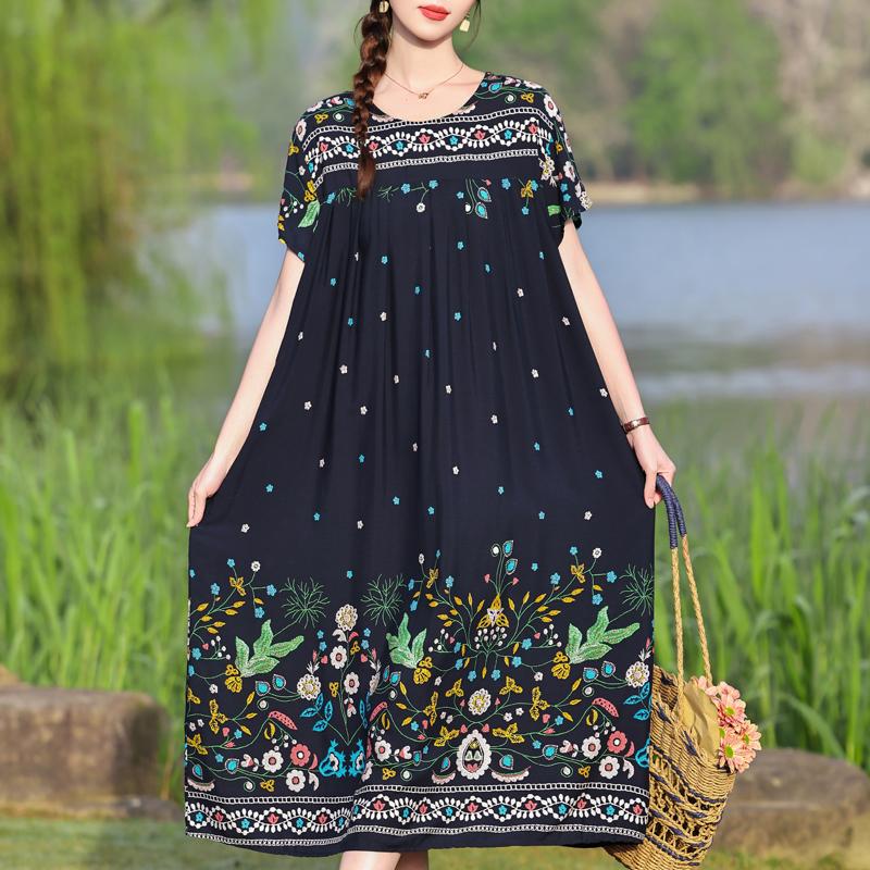 Μεγάλο μέγεθος Φαρδύ Vintage Print Μακρύ Φόρεμα για Γυναικεία Casual κοντομάνικα καλοκαιρινά γυναικεία φορέματα