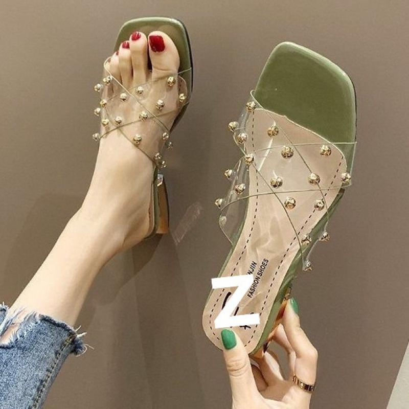 

Женская обувь большого размера, прозрачные шлепанцы с заклепками, женская модная обувь на толстом каблуке и низком каблуке, шлепанцы на один ремешок, популярные крутые шлепанцы 40 зелёный