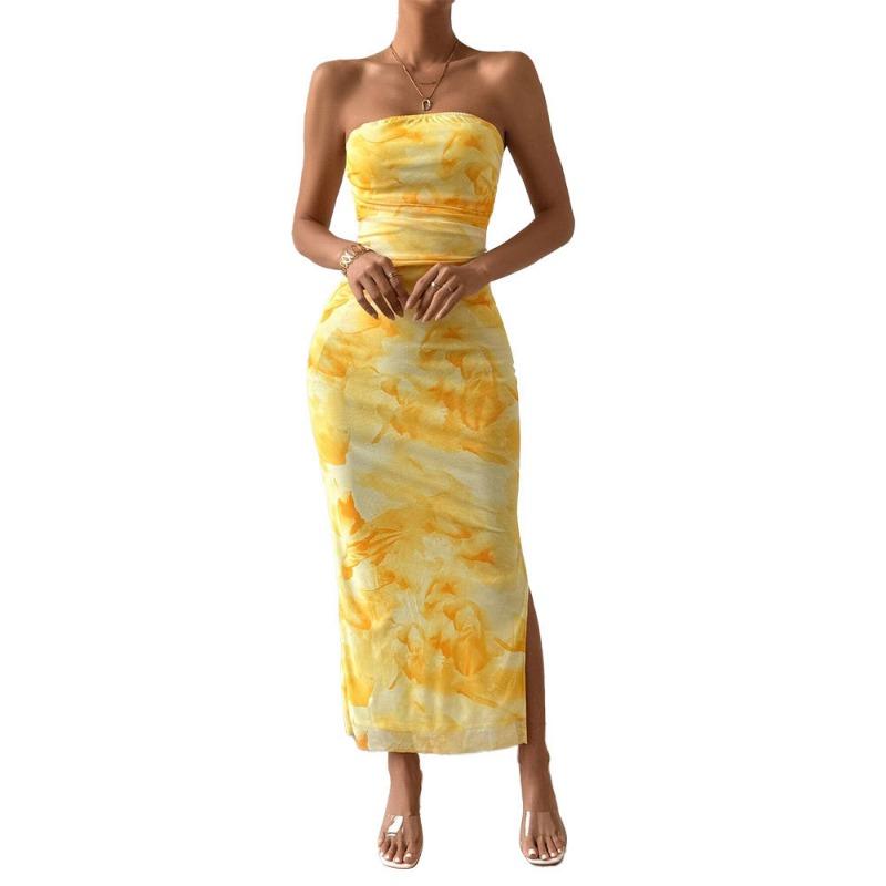 Elegant Printed Strapless Hip Hugging Long Dress Summer 2026 Sleeveless Slit High Waist Slim Fit A-line Holiday Party Dress Sweet Casual Clothing
