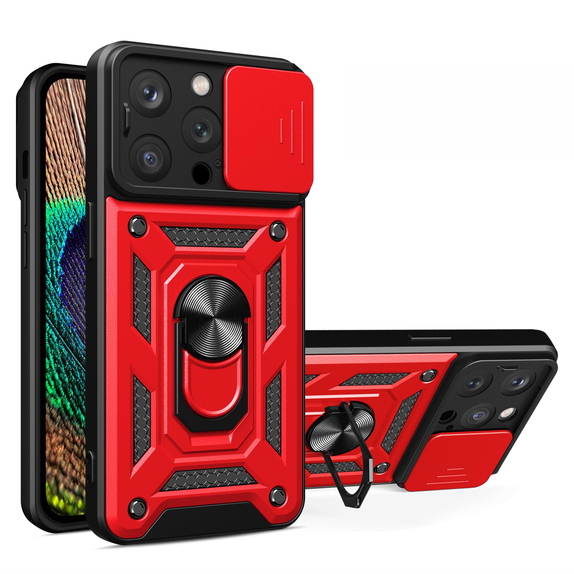 

For iPhone 15 Pro Max Camera Lens Slide Design Phone Case PC+TPU Kickstand Cover Red
