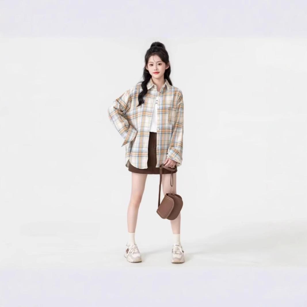 

Women s Summer Retro Plaid Polo Cardigan - Yang Mi Style Sun Protection, Long Sleeve, Loose Fit. L