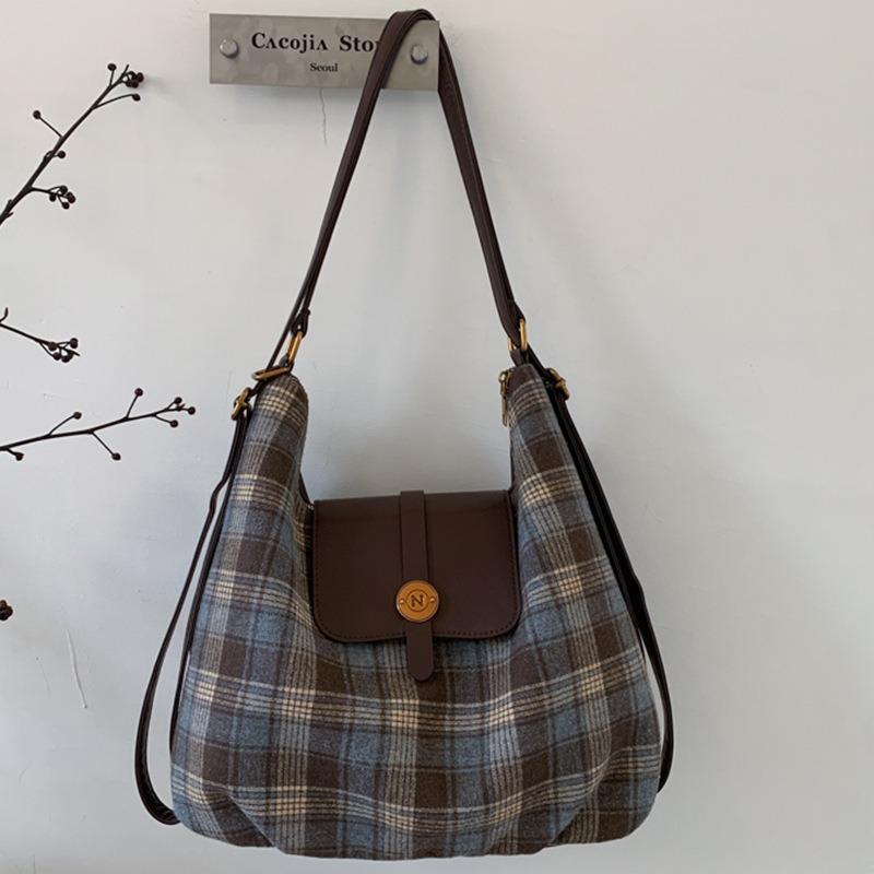 College Style Casual Woolen Plaid Backpack Bag Women's Autumn New College Style Shoulder Tote Bag