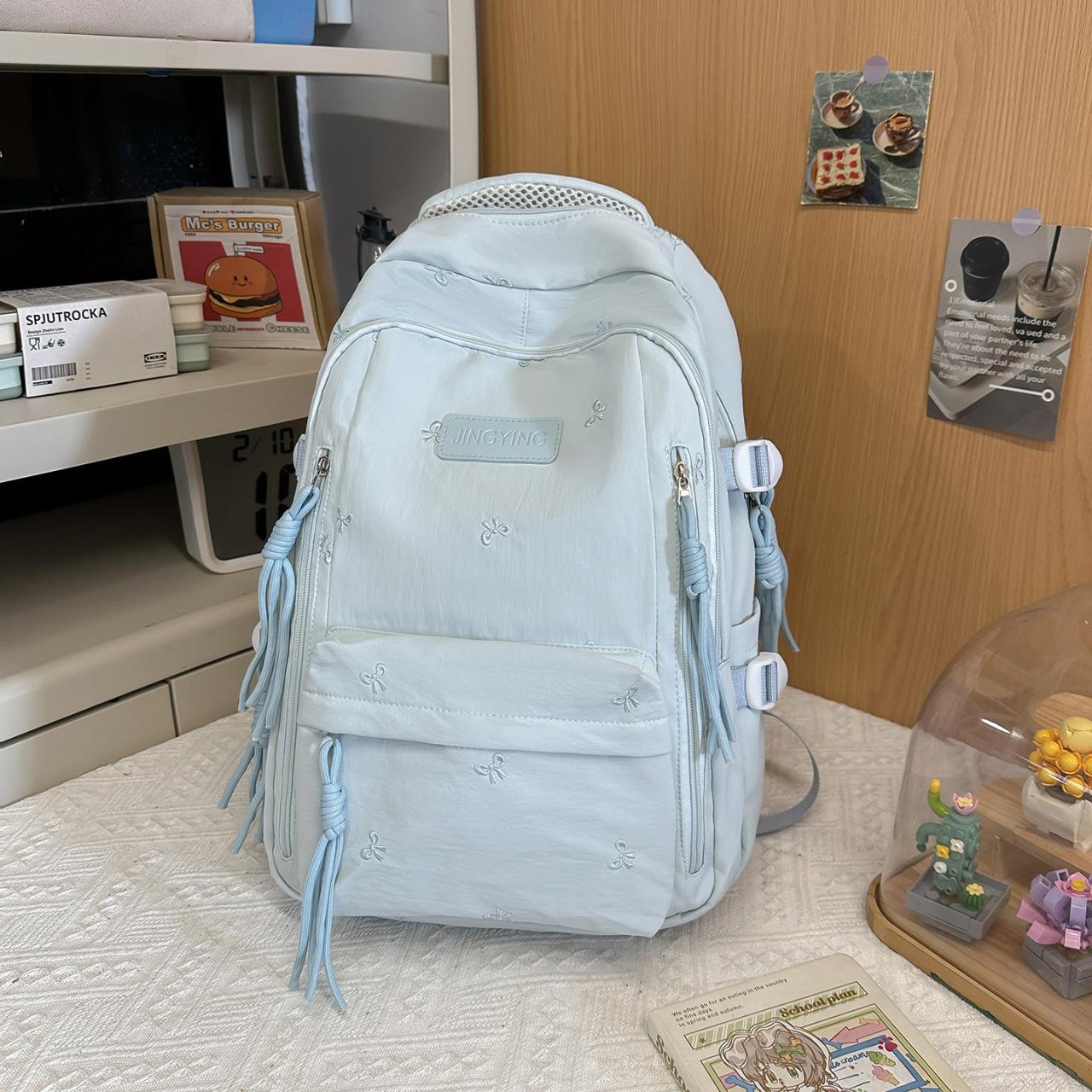 Cute Embroidered Backpack for Women and Girls Fashion School Travel Daypack with Tassel Detail синий