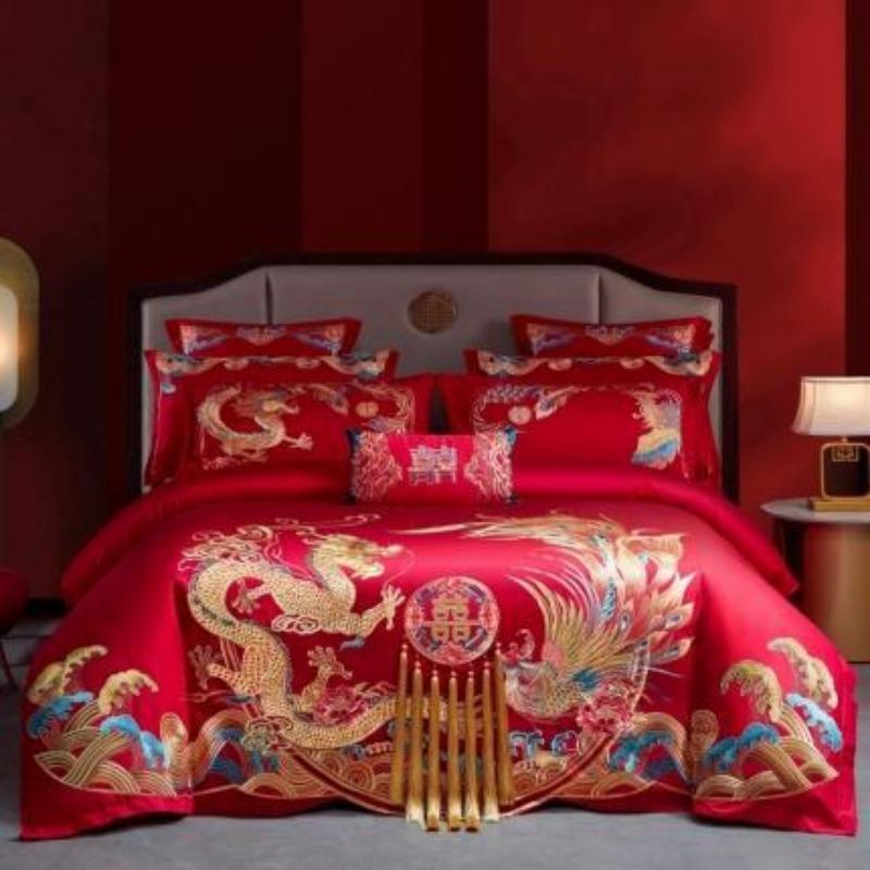 New Chinese style big red embroidery wedding quilt cover polished wedding room bedding wedding four-piece multi-piece set