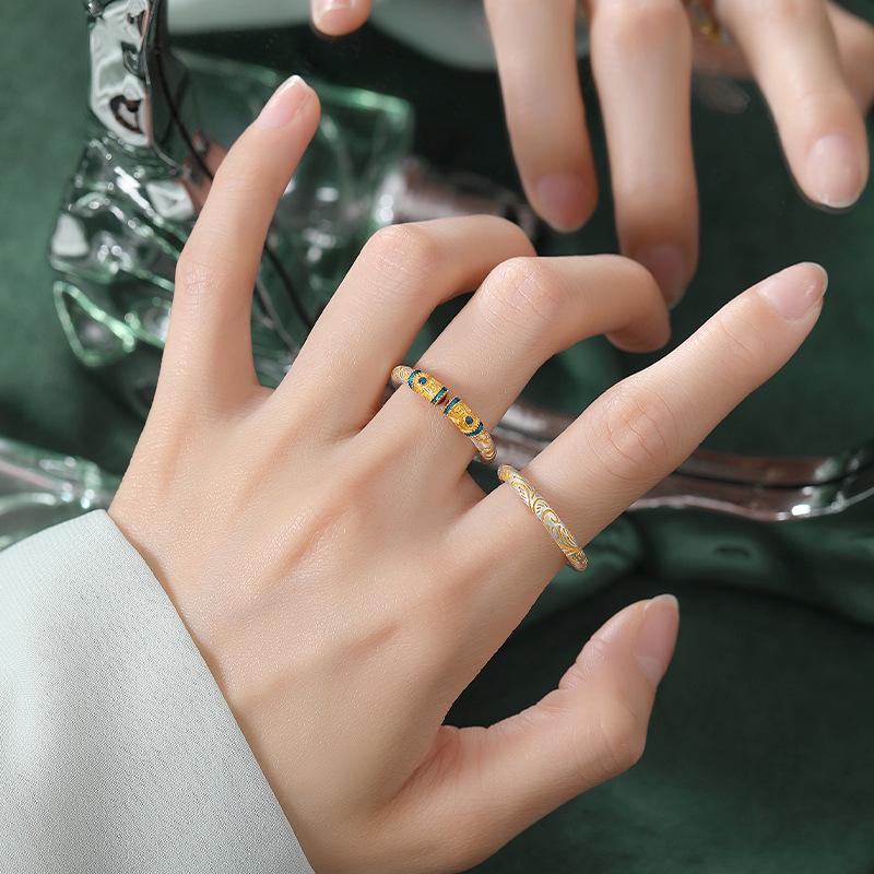 

Sterling Silver Tang Dynasty Enamel Ring: Auspicious Words & Gold Painting, Women s Chinese Style Carved Finger Ring. Adjustable Open Size