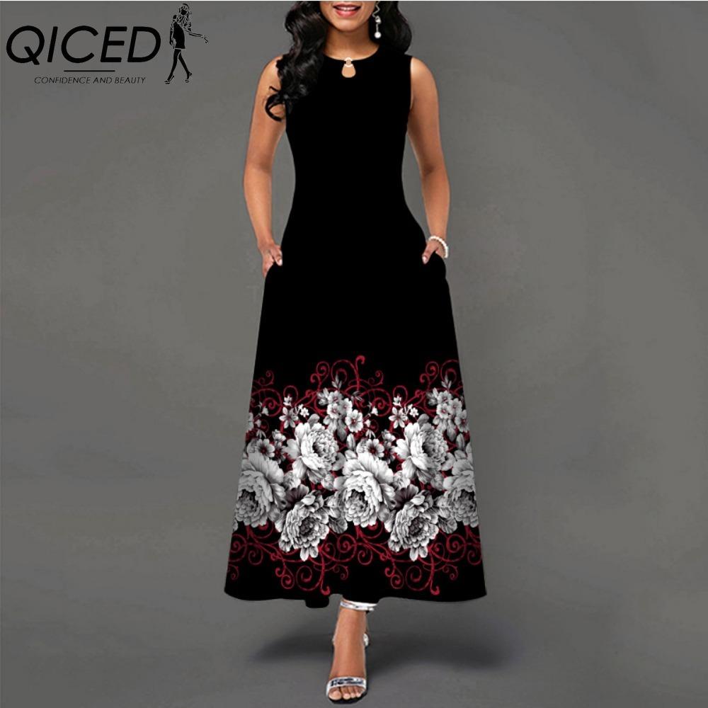 QICED 48 barev Nové dámské volné vintage květinové volánové šaty Befree šaty Velká letní párty Tílka Elegantní maxi šaty