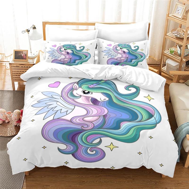 

Новый мультяшный комплект постельного белья с принтом единорога, постельное белье, детский пододеяльник, наволочка, полуторный, двуспальный, королевский, суперкоролевский для декора спальни 135x200cm