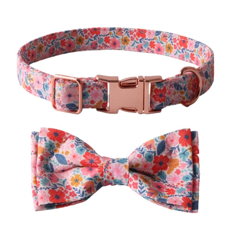 Fashion Dog Collar+Leash+Necktie Set Completes with Colorful Floral Print Bow Perfect for Pets Outstanding in the Crowd