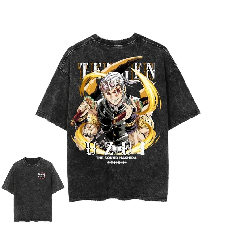 Unisex Harajuku Anime Washed T Shirt Demon Slayer Men Women Short Sleeve Graphic Tee Y2k Clothes Summer Streetwear Casual Top