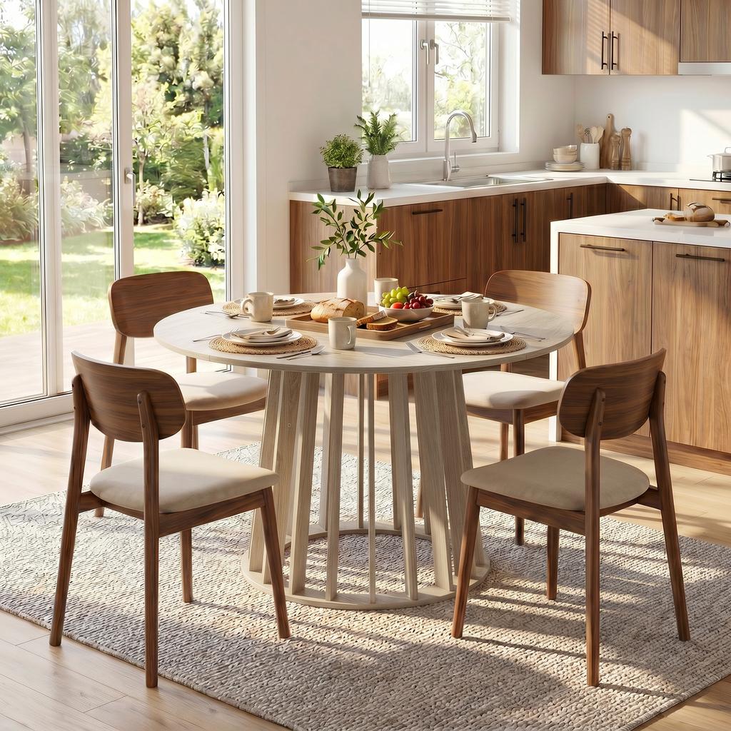 Dining Table, Round, 4-6 People, 120 x 75 cm, Slatted Base, Natural Wood