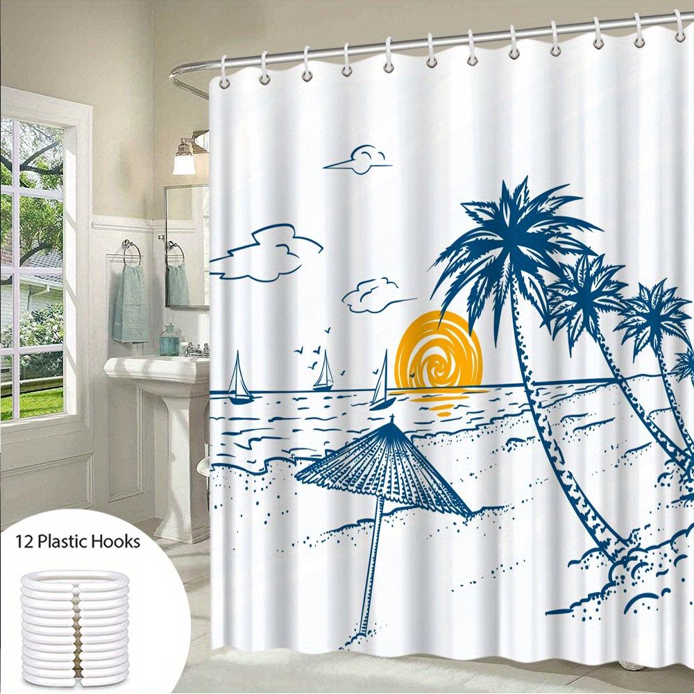 1pc Serene Beach Scene Shower Curtain - Minimalist Line Art with Palm Trees, Sailboats & Thatched Umbrella, Monochromatic Blue