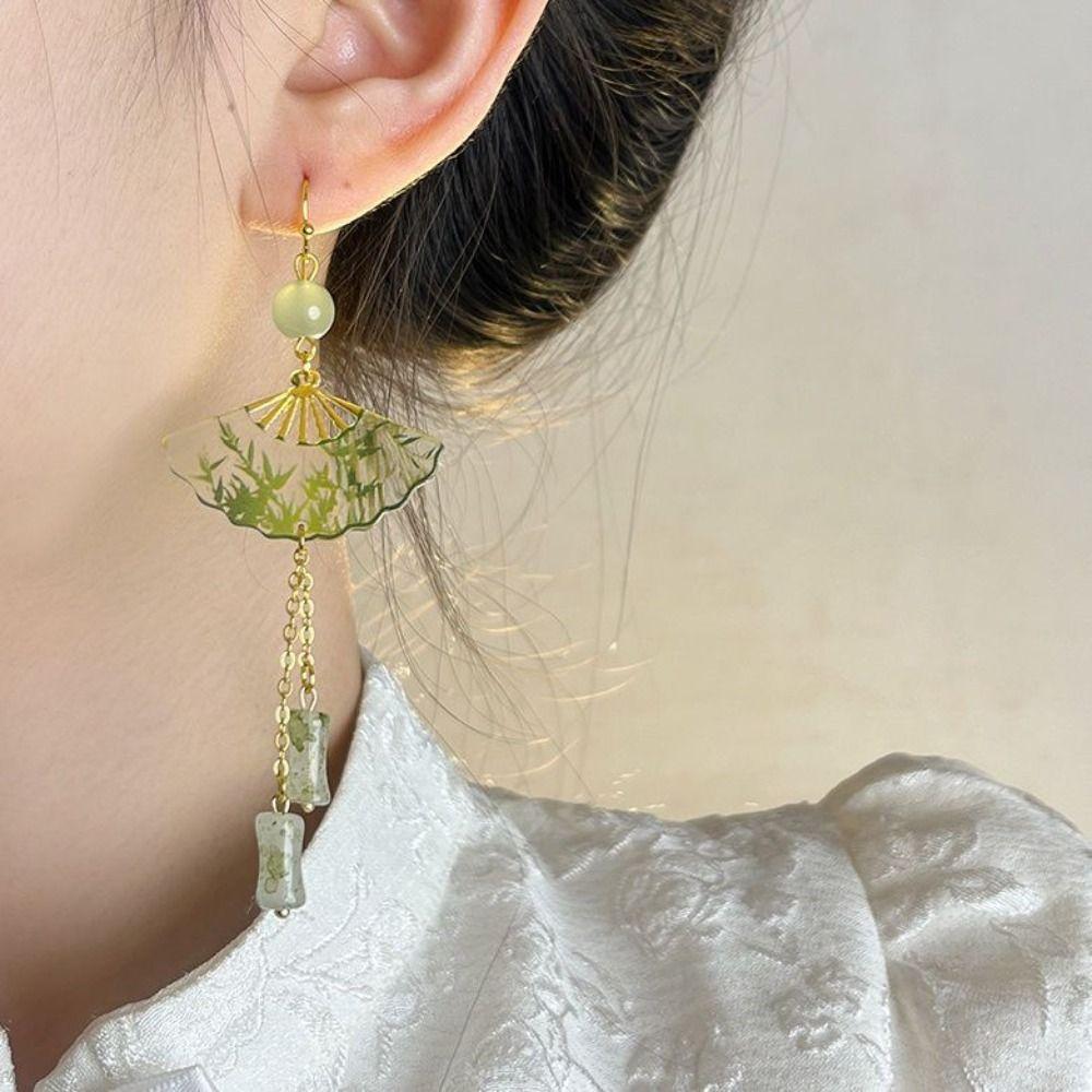 Leaf Fan Shaped Drop Earrings Tassel Exaggerated Long Earrings Chinese Style Earrings  Women