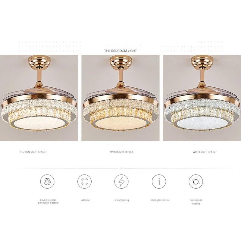 Modern Living Room Invisible Ceiling Fan Light Remote Control  Luxury Crystal Ceiling Fan Light Home Decoration Electric Fan