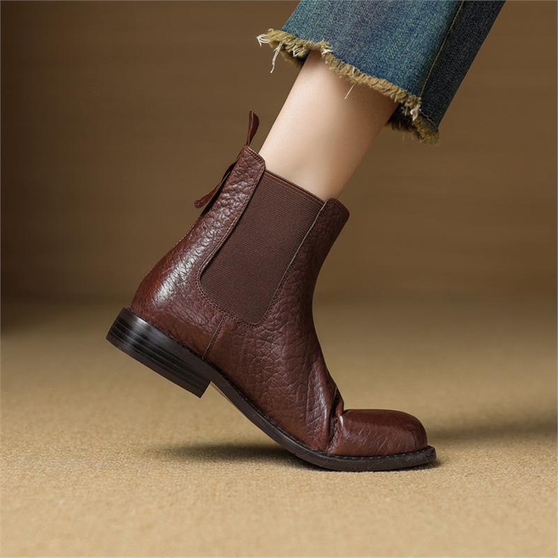Kurzstiefel Damen Frühling und Herbst Einzelstiefel weiche Sohle runde Spitze niedriger Absatz flache Stiefel dicker Absatz mittlerer Absatz Gummizug Samt Chelsea Boots