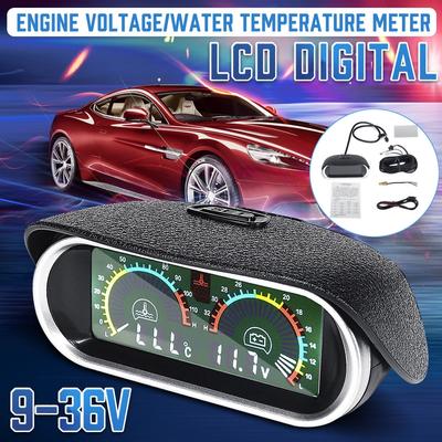 2 In 1 DC9-36V LCD Car Digital Horizontal Gauge Water Temp Gauge Meter Voltmeter Voltage Gauges with Temperature Sensor