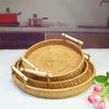 Handwoven Handmade Rattan Tray Round Shape Eco-Friendly Wicker Serving Tray with Handles Large Capacity Food Storage Basket