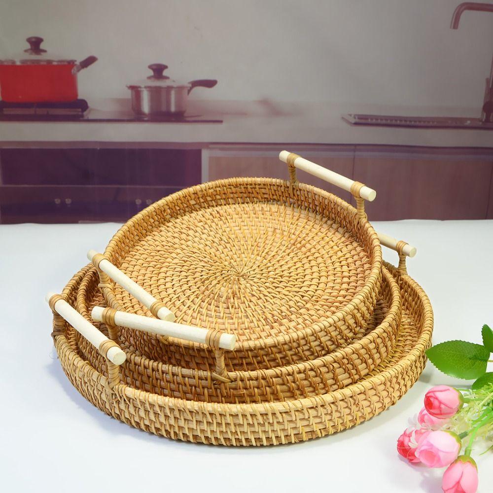 Handwoven Handmade Rattan Tray Round Shape Eco-Friendly Wicker Serving Tray with Handles Large Capacity Food Storage Basket