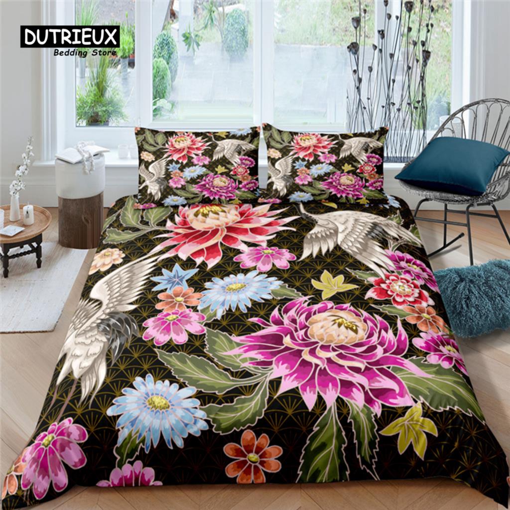 Home Living Luxury Flower Crane Print 2/3Pcs Soft Duvet Cover Set PillowCase Queen and King Size Kids Bedding Set EU/US/AU Size