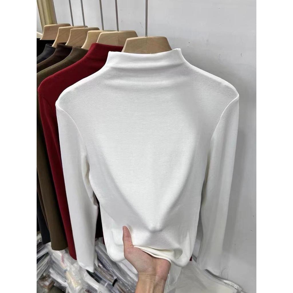 Women's Double-Sided Plush High-Neck Long-Sleeve Base Layer Shirt, Warm Slim-Fit Solid Color for Inner Wear.