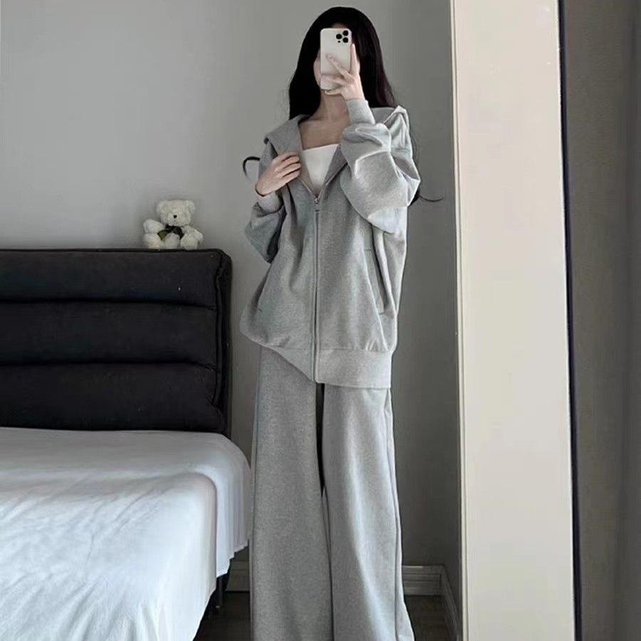 Grey Student Casual Hoodie and Cardigan Set: Trendy Two-Piece Sportswear