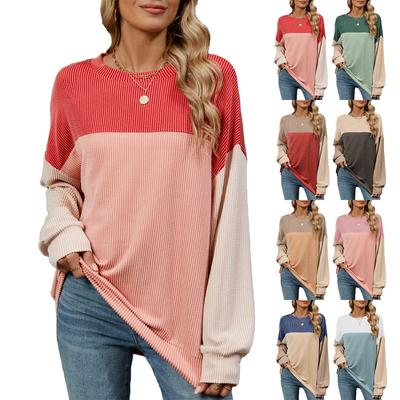 Autumn Winter Women Pullover Long Sleeves Casual Round Neck Contrasting Color Plus Size Medium Long Hoodies