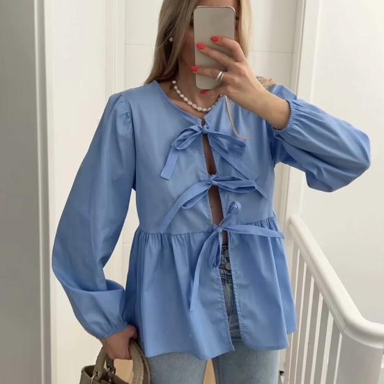 

Женские летние топы с круглым вырезом и длинными рукавами на шнуровке и бантом, полосатый принт, свободная рубашка с рюшами на подол L