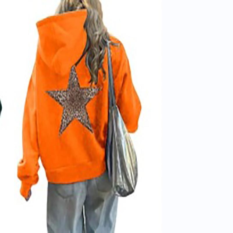 Mode Einfacher Leopardenmuster Fünfzackiger Stern Kapuzenpullover Lässig Locker Kängurutasche Kordelzug Pullover Oberteile