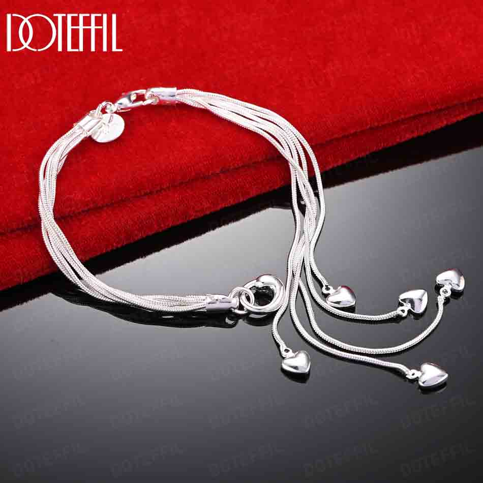 925 Sterling Silver Snake Chain Heart Bracelet Wedding Jewelry