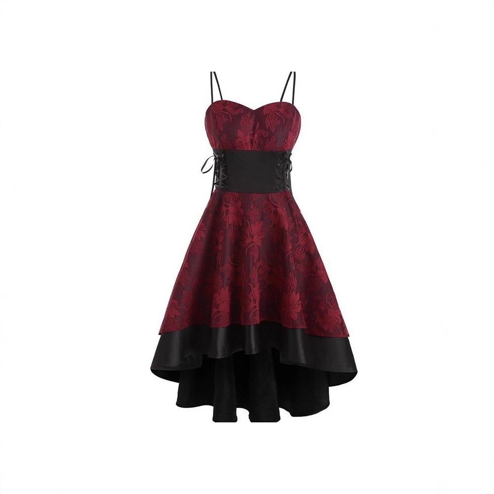 Damen Vintage Gotisches Spitze Abschlussballkleid Spaghettiträger Herz Ausschnitt Korsett Schnürung Hoher Niedriger Saum Ausgestellt A-Linie Abendparty Cocktail Formelles Kleid