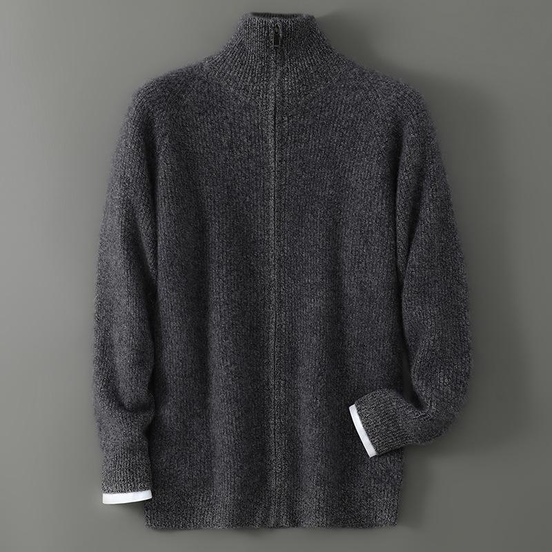 Men's Double-Ply Pure Wool High Neck Zipper Cardigan - Thickened Loose Casual Knit Sweater for Autumn and Winter.