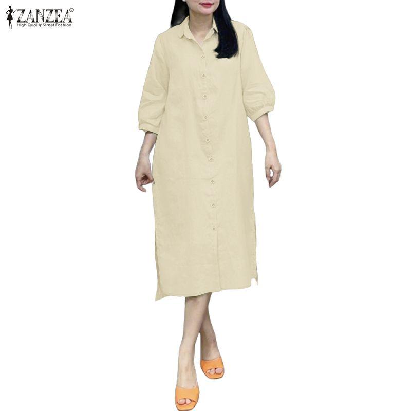ZANZEA Women Casual Turn Down Collar Long Sleeve Loose Shirt Dress
