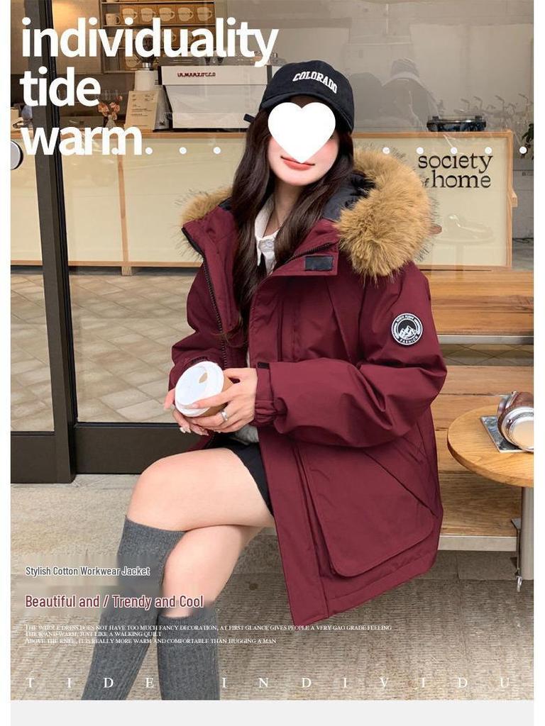 Women's 2025 Winter Thickened American Style Fur Collar Workwear Parka Jacket