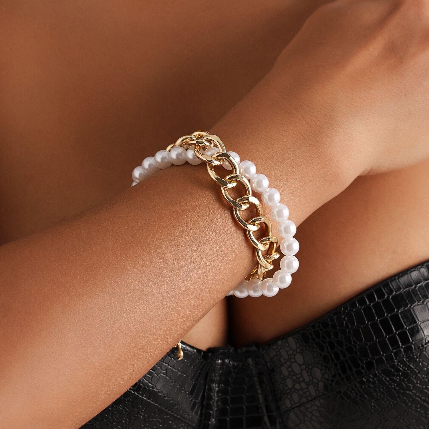 

New Chain Pearl Beaded Twist Necklace Women Chokers Bracelet Sets Bilayer Metal Thick Chain Clavicle Exquisite Fashion Zircon