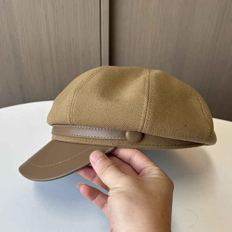 New British Retro Fashion Painter Hat Short Brim Leather Cap Women's Autumn and Winter Face Small Painter Hat