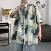 Men's Short-Sleeve Button-Up Shirt - Japanese Cat Print, Loose Casual Hong Kong Style